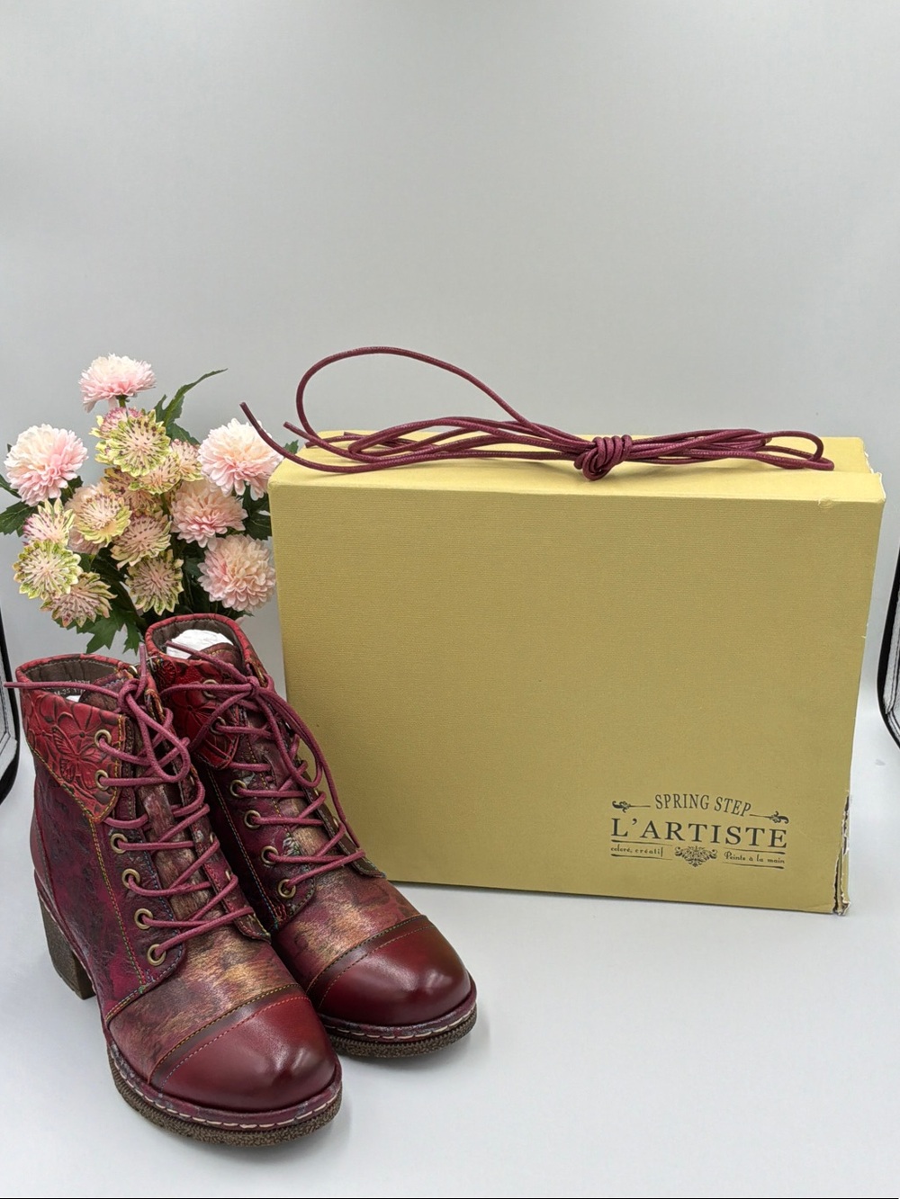 L'ATISTE Burgundy Lace-Up Leather Ankle Boots